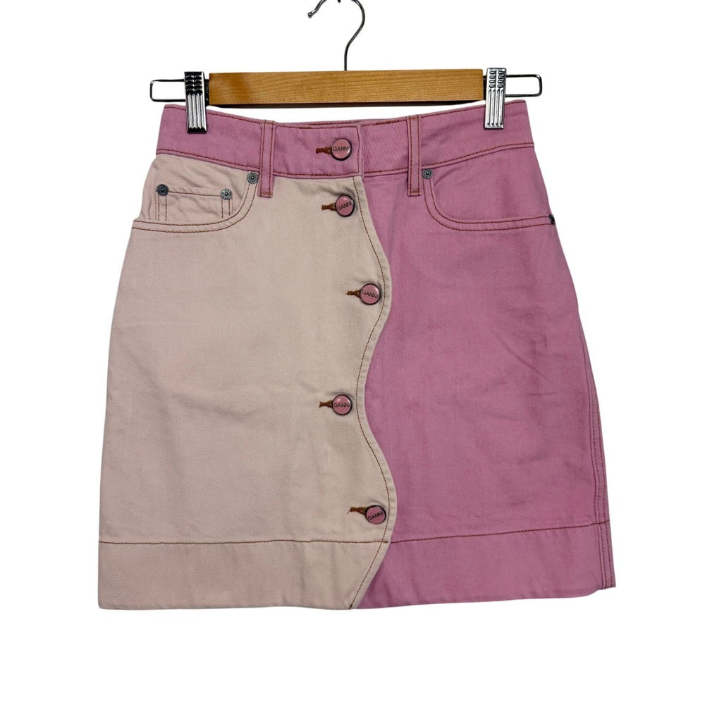 Ganni Pink Two-Tone Colorblock Denim Mini Skirt Organic Cotton Size 32 2XL